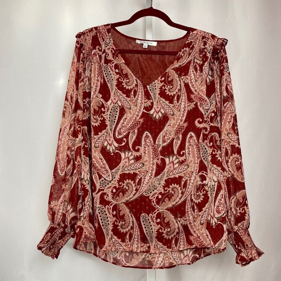 Rose & Olive Tops - Rose & Olive Womenʻs Burgundy | Gold Paisley Print Long Sleeve V-Neck Blouse L